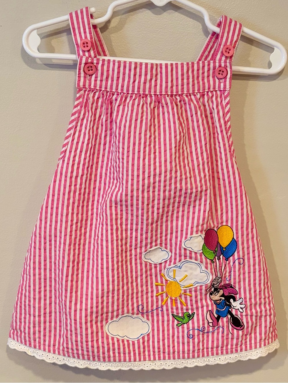 Vintage Disney Parks Minnie Mouse Pink Seersucker Overall Dress 24M Fits 12M